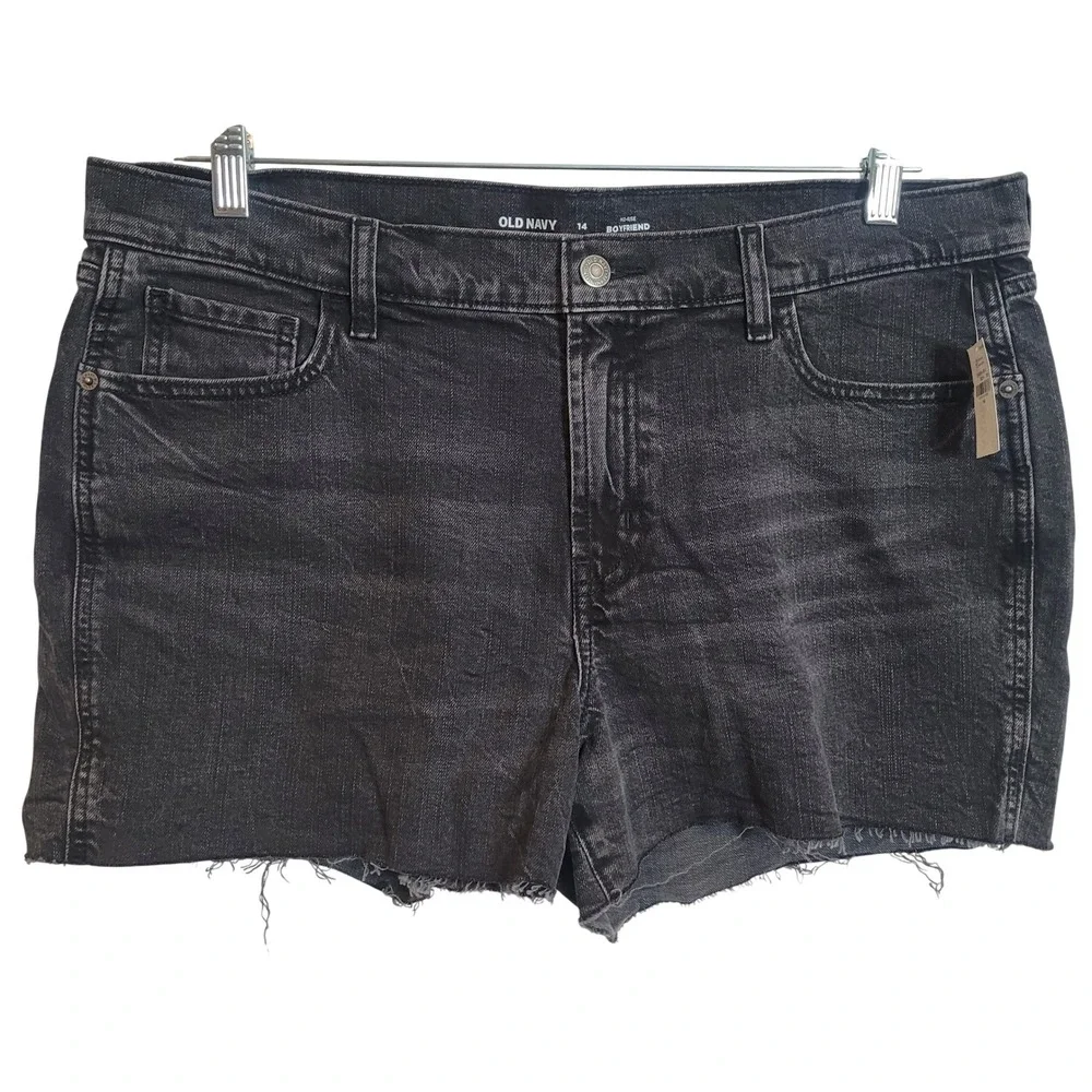 Old Navy Mid-Rise Boyfriend Denim Shorts Faded Black Raw Hem Women's Size 14 NEW
